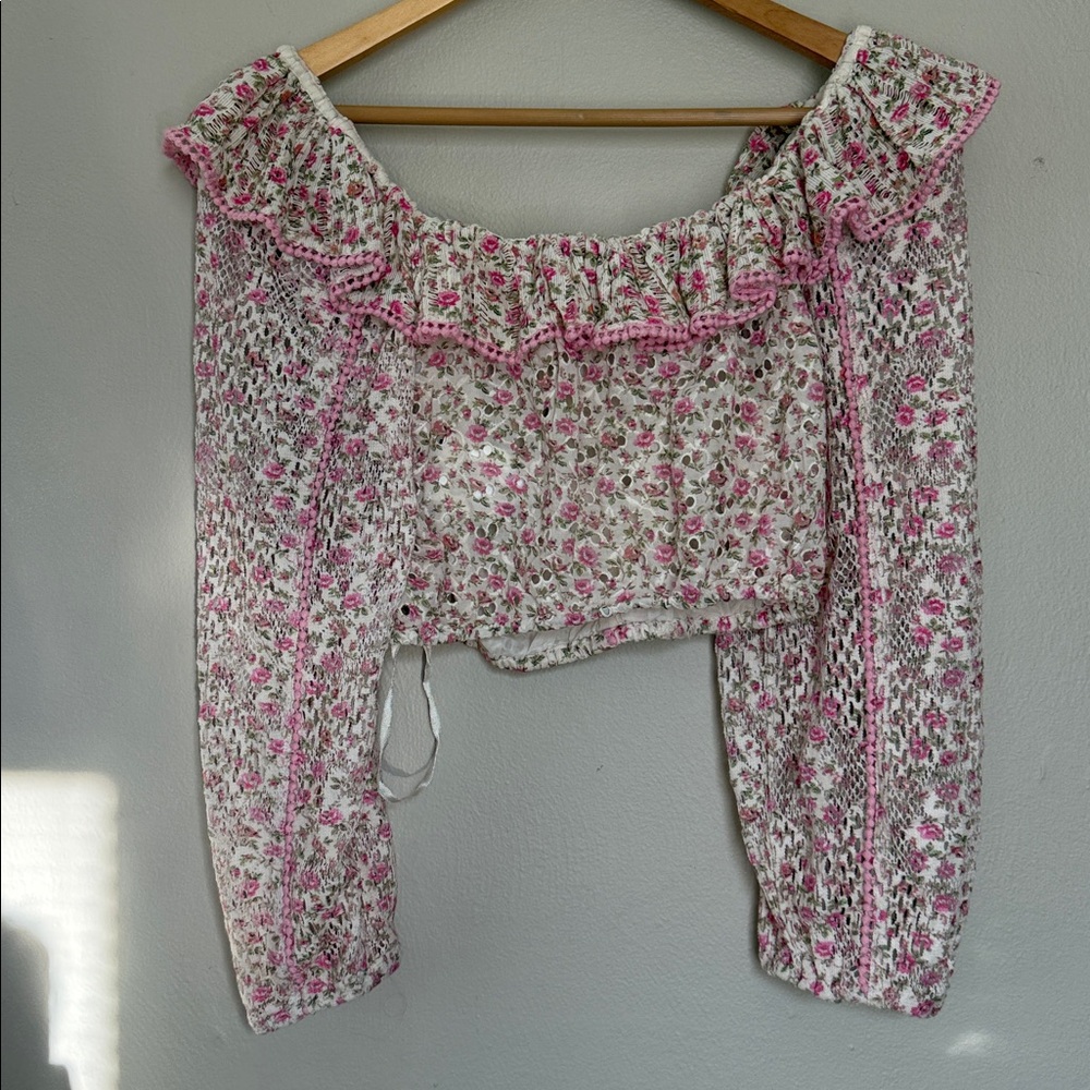 LoveShackFancy Pink Floral Ruffle Peasant Blouse small - Picture 5 of 7